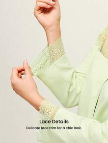 LUVLETTE Soft 100% Pure Cotton Lace Trim Button-Up Top & Pants Loungewear Pajama Set Pyjama - Mint Green - View 5
