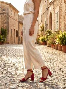 Sandalias De Tacón Grueso Simple Y Elegante Para Mujeres Con Correa De Tobillo - Gamuza roja - Ver 3