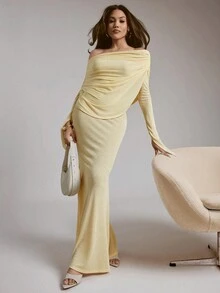 Hauture Women's Daily Going Out Off Shoulder Ruched Soft Knit Butter Yellow Maxi Dress - Light Yellow - View 3