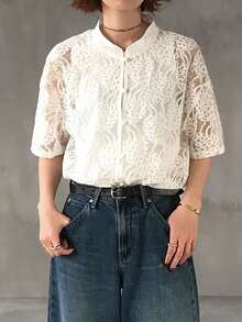 FRIFUL Blusa suelta de moda con encaje y hombros caídos para mujer - Blanco - Ver 9