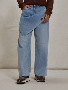 Musero Baggy Ballon Fit Denim Trouser Wrap Around Washed Jeans Button Fastening Belt Loop Pants Essentials Spring&Summer - Light Wash - View 2