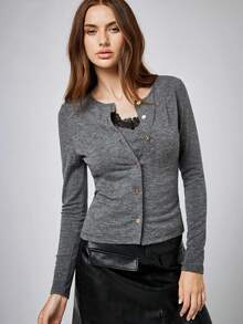 Maija 女士长袖休闲前扣蕾丝边饰舒适透气T恤 - 灰色 - 查看 6