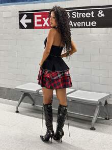 StreetHx 女士夏季时尚格子拼接露背吊带牛仔连衣裙 - 黑色 - 查看 2