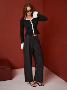 Maija Áo khoác cardigan nữ tay dài cổ tròn, viền tương phản - Đen và trắng - Xem 2