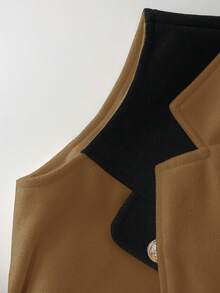 SHEIN Franclia 秋冬无袖羊毛背心外套，黑白撞色设计，撞色翻盖口袋，金属纽扣，腰带装饰 - 卡其色 - 查看 3