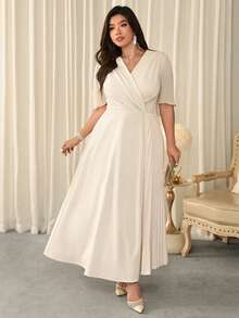 Firerie Vestido de fiesta elegante con cuello en V y cintura fruncida para mujer de talla grande - Albaricoque - Ver 8