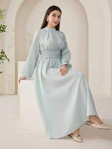 Solavon 女士优雅通勤纯色灯笼袖长连衣裙 - 灰綠 - 查看 7