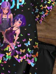 Tween Girls K-Pop Butterfly All Over Print Short Sleeve Round Neck T-Shirt With Biker Shorts Set - Multicolor - View 6