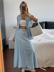 Livesso 女式无袖上衣和宽松牛仔裙套装，夏季 - 藍色 - 查看 3