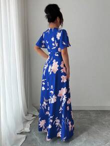 Elenzga Ruffle Sleeve Round Neck Waist Cinched Digital Print Elegant Romantic Women Dress - Royal Blue - View 2