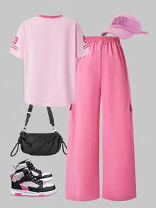 SHEIN ChillGRL Bộ đồ đôi cho bé gái tuổi teen gồm áo thun cổ chữ V lệch vai dáng rộng in chữ và quần ống đứng có túi, kiểu dáng tiện dụng, thích hợp cho mùa xuân/hè/thu. - Màu Hồng Tươi - Xem 2