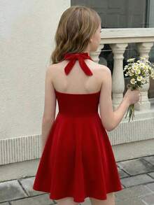 SHEIN Tween Girls Elegant Halter Neck Bow Knit Beaded Red Dress, Casual & Chic Summer Dress - Red - View 2