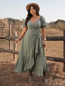 Ceyna 大码女士优雅系带荷叶边连衣裙 - 綠色 - 查看 4