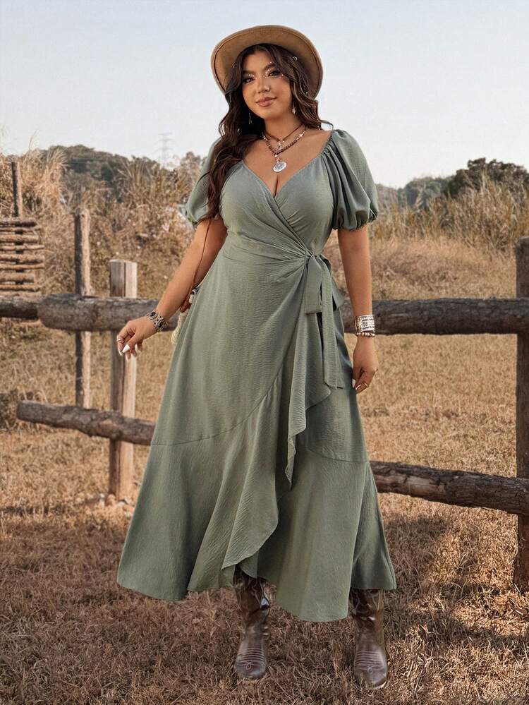 Ceyna Plus Size Green Wrap A Line Dress Sweetheart Neck Puff Short Sleeve Casual Knee Length For Women - Green - View 4