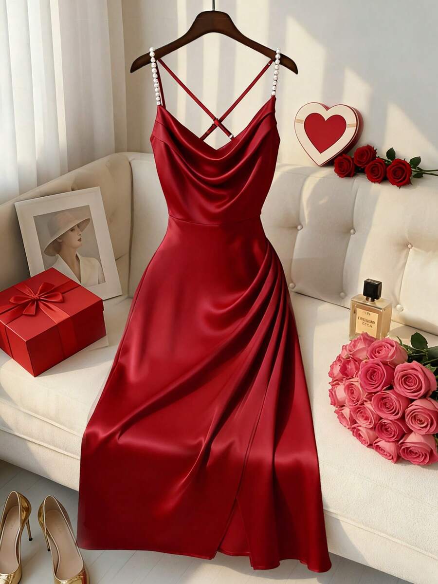 Franclia Women's Pearl Strap Dress, New Year Dress, New Year Outfit, Women's New Year Style, Women's New Year Clothing, Women's New Year's Eve Outfit, Elegant Party Dress, Long Party Dress, Party Dress, Red Dress, Women's Red Dress, Women's Red Dress, Red Dress, Red Dress, Red Skirt, Valentine's Day Elegant Long Dress, Women's Elegant Dress, Women's Vacation Outfit, Commute, Daily Casual Long Dress, V-Neck Long Dress, Spring Outfit, Women's Spring Spring Break Outfit, Spring Clothing, Party Dress, Party Elegant Dress, Women's Party Dress, Party Dress, Party Top, Long Party Dress, Party Elegant Party Dress, Elegant Party Dress, Party Outfit, Valentine's Day Women's Valentine's Day Outfit, Valentine's Day Valentine's Day Dress, Valentine's Day Outfit, Valentine's Day Clothing, Valentine's Day Dress, Valentine's Day Outfit  Red Satin Dress Dark Red Dress Red Wine Dress Sexy Dinner Dress Medium Length Dress - Red - View 1