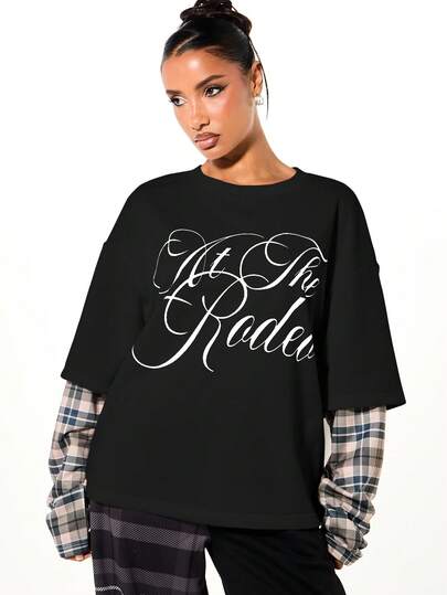 SUMWON WOMEN At The Rude Script Layered Plaid Sleeve Oversized Sweatshirt Casual Streetwear Fashion Top