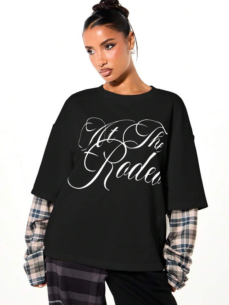 SUMWON At The Rude Script Layered Plaid Sleeve Oversized Sweatshirt Casual Streetwear Fashion Top