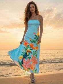 CAJUNI Women Tropical Toucan Floral Print Strapless Maxi Dress Light Blue Beach Long Dress - Blue - View 4