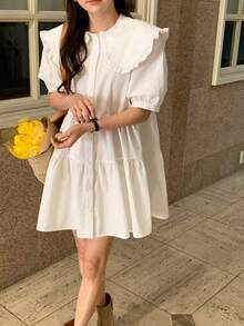 DAZY 女士休闲甜美纯色彼得潘领荷叶边下摆短款连衣裙夏季太阳裙