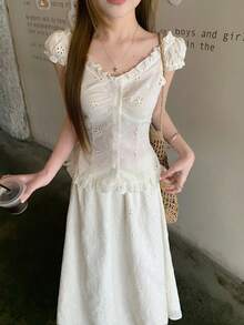 DAZY 女士V领蕾丝休闲韩版衬衫+半裙两件套 - 白色 - 查看 4