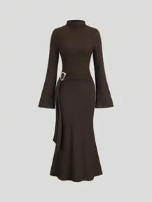 Sweetra New Arrival Waist Cinching Minimalist Flare Sleeve Bodycon Long Dress - Coffee - View 1