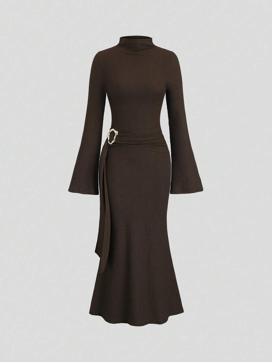 Sweetra New Arrival Waist Cinching Minimalist Flare Sleeve Bodycon Long Dress - Coffee - View 1