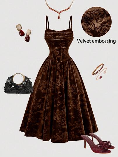 SHEIN MOD Floral Jacquard Elegant Ruched Midi Slip Dress For Women, Velvet Dresses, Brocade Jacquard Dress, Burgundy Dresses, Maroon Dress, Wine Dress, Christmas Clothes For Women, Christmas Party Dress, New Year Outfit, Party Dress, Evening Dress Chic Wedding, Autumn Clothes, Winter Clothes, Elegant Dresses For Party, Red Dress Women, Holiday Dress, Festival Clothes ,Santa Dress Brown Dresses Classy Elegant Chocolate Brown Dress Coffee Brown Dress Dark Brown Dress