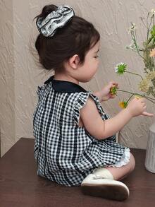 DAZY Áo kiểu không tay cổ bẻ kẻ caro dáng bồng cho bé gái, phong cách Hàn Quốc, thích hợp cho mùa xuân/hè. - màu đen - Xem 2
