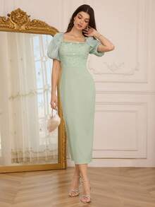 Modelyn Elegant Beaded Puff Sleeve Fitted Women's Fashion Dress - Mint Green - View 6