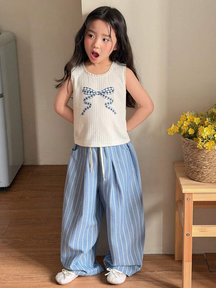 Young Girls Casual Loose Korean Style Striped Pants, Spring/Autumn