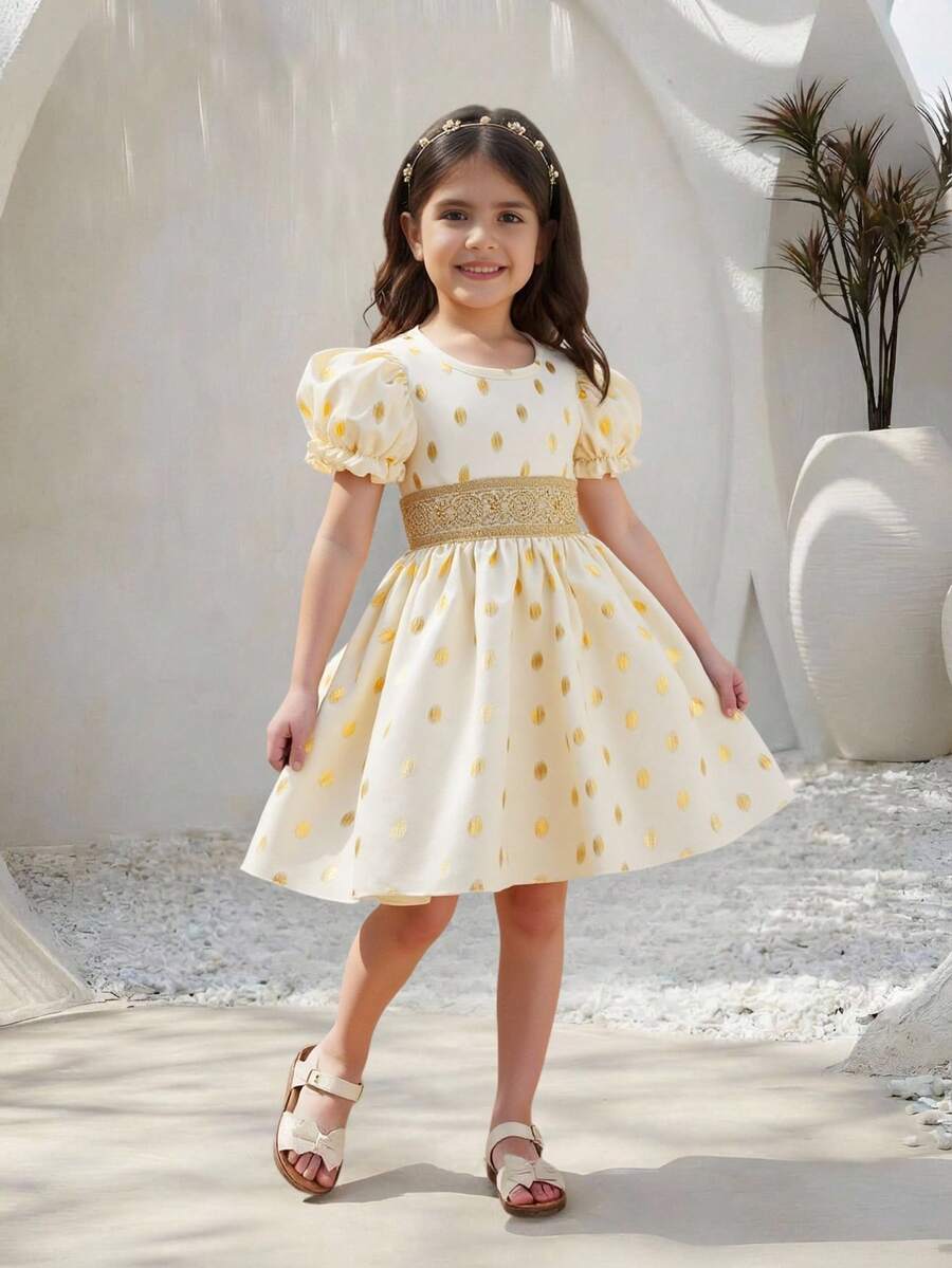SHEIN Glamorique Kids Baby Girls' Elegant Champagne Gold Foil Puff Sleeve Round Neck Cinched Waist Luxurious Ruffle Hem Dress - Apricot - View 1
