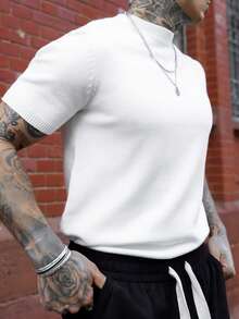 Artur Kramer Men's Casual Versatile Solid Color Short Sleeve Knitted Top - White - View 4