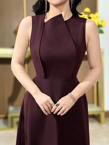 Feyla Women's Solid Color Sleeveless Elegant Bud Design Waist Midi Dress Burgundy Dress Plum Dress Elegant Midi Dress Wine Dress - Burgundy - View 6