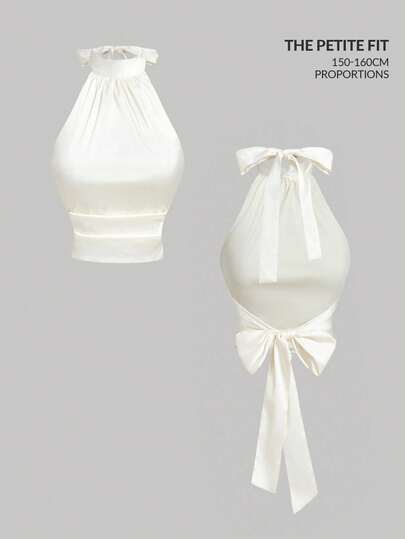 SHEIN MOD Fit For The 150-160cm,Petite Perfect,Designed For Petites,Women's Sexy Backless Tie-Front Camisole Top, Minimalist Solid Color, Suitable For Dates, Vacation.Petite Ivory Satin Halter Top Sleeveless Elegant Bow Tie Back Soft Lightweight Glossy Texture Fitted Silhouette High Neck Gathered Detail Classic Romantic Chic Refined Smooth Finish Evening Wear Feminine Luxurious Stylish Graceful Flattering Breathable