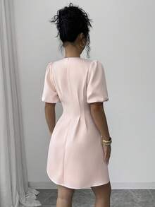 Elenzga Đầm midi hai lớp tay phồng cao cấp màu hồng xếp ly eo, thích hợp cho nữ mùa xuân/hè, kiểu dáng lãng mạn, thanh lịch, đi làm, đi nghỉ mát, dự tiệc trà chiều. - Hồng - Xem 2
