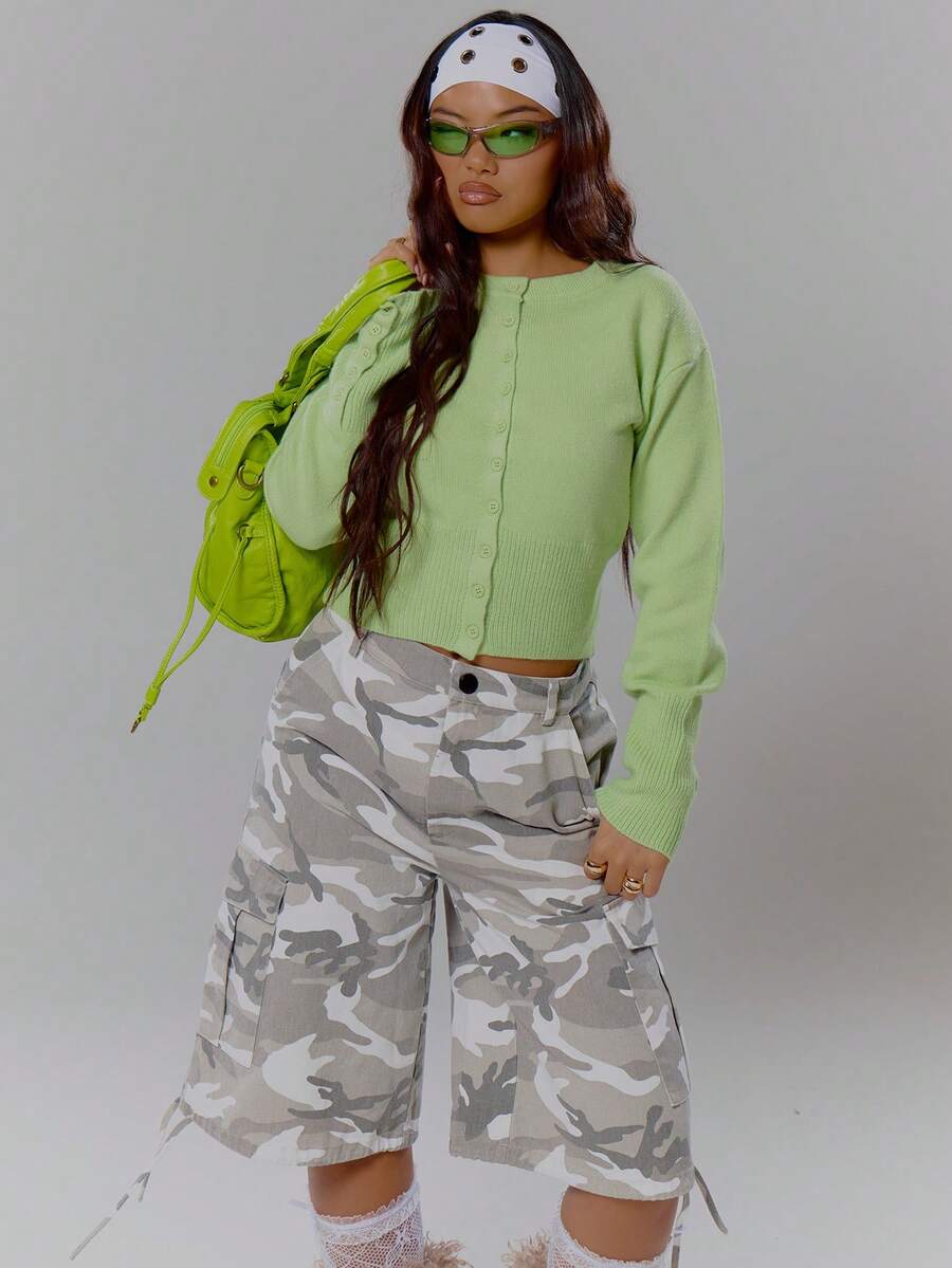 MUSERA Knit Button Down Fitetd Cardigan Streetwear Coolgirl Winter Sexy Casual Odd Drift - Green - View 1