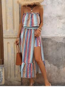 Brillora Women's Chiffon Printed Bandeau Top & Loose Skirt 2-Piece Set, Spring/Summer Vacation - Multicolor - View 7