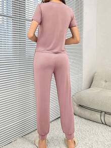 Women's English Printed Short Sleeve Long Pants Pajama Set - Dusty Pink - View 2