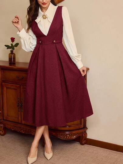 Vintamour Vintage Classic Elegant Women's Fitted Sleeveless Dress, Waist Strap Metal Button V-Neck Flared Dress, Navy Blue