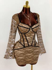 Amplova 大码时尚性感蕾丝喇叭袖修身连衣裙 - 棕色 - 查看 5