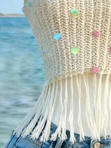 Selianne Elegant Sequin Fringe Sleeveless Women Knit Vest, Spring/Summer - Khaki - View 6