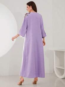 Layrah 花卉刺绣七分袖宽松优雅阿拉伯风格粘胶亚麻连衣裙，浅紫色 - 淡紫色 - 查看 2