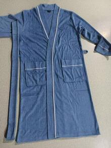 1pc Waffle Bathrobe, Adult Men's And Women's Bathrobe, Spring And Summer Bathrobe, Homestay Bathrobe, Absorbent Quick Drying, Loose Version, Bathroom Items, Household Items - Blue - View 6