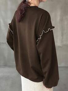 FRIFUL Sweatshirt Wanita Kerah Bulat Warna Kontras dengan Hiasan Rumbai dan Motif Hewan serta Huruf, Lapisan Termal Warna Kontras, Kostum Halloween, Musim Gugur - Mocha Brown - View 4