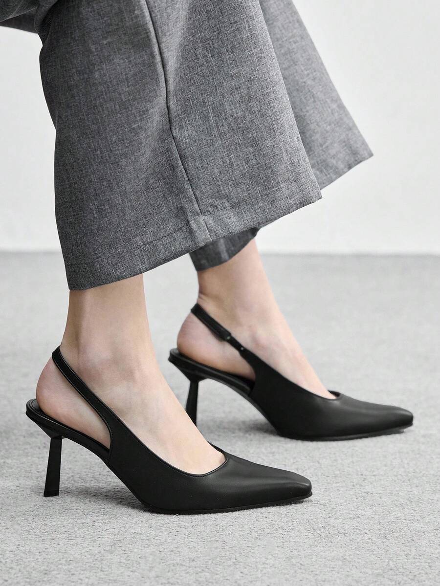 CUCCOO BIZCHIC 简约纯色露跟女式高跟鞋,休闲通勤两相宜,圣诞节必备 - 純黑色 - 查看 1