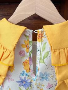 SHEIN LMoss Kids Vestido ajustado con cuello Peter Pan y estampado floral pequeño para niña, conjunto de ropa para vacaciones - Amarillo - Ver 8