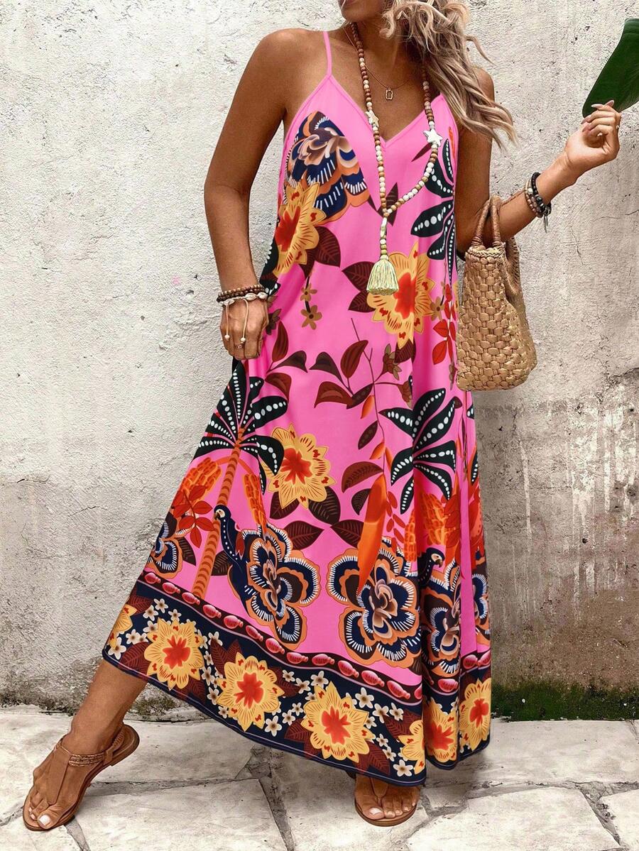 SHEIN Holidaya Women's Hot Pink Boho Long Cami Dress With Random Print Sleeveless Spaghetti Strap Design Flared Hem Casual Summer Resort Wear - Hot Pink - View 1