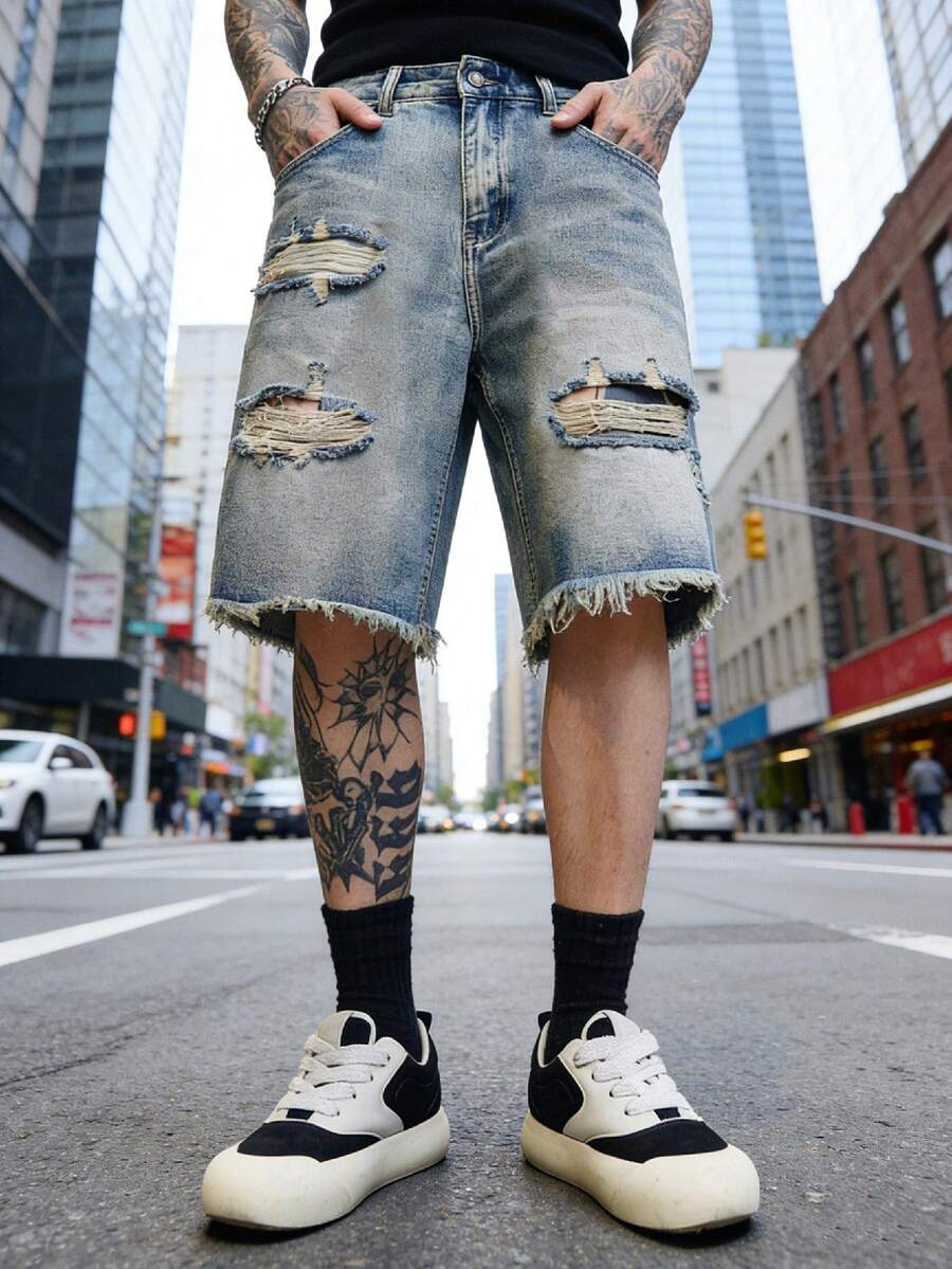 HIMLAND Quần short denim nam thường ngày - Rửa trung bình - View 1