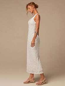 COSMINA Women's Jacquard V-Neck White Floral,Summer,Elegant,Wedding Guest Sleeveless Slit Embroidered Dress,Fashionable Date Party Wedding Season Outfit - White - View 7