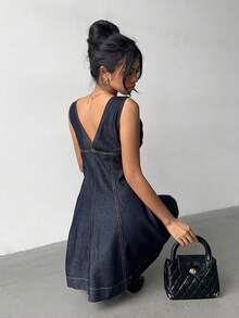 Aloruh Women's V-Neck Zipper Front Sleeveless Casual Denim Dress,Valentine's Day,Summer,Carnival,Beach,Party,Elegant Party Dress,Going Out - Blue - View 2
